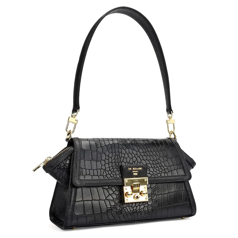 Da Milano Small Croco Leather Shoulder Bag - Black
